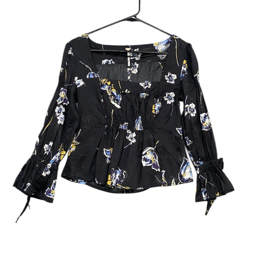 Free People Black and Blue Smocked Peplum Blouse M